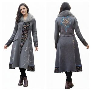 Vintage Boho Long Knit Duster Coat with Faux Fur Trim Abstract Stitching Gray  M